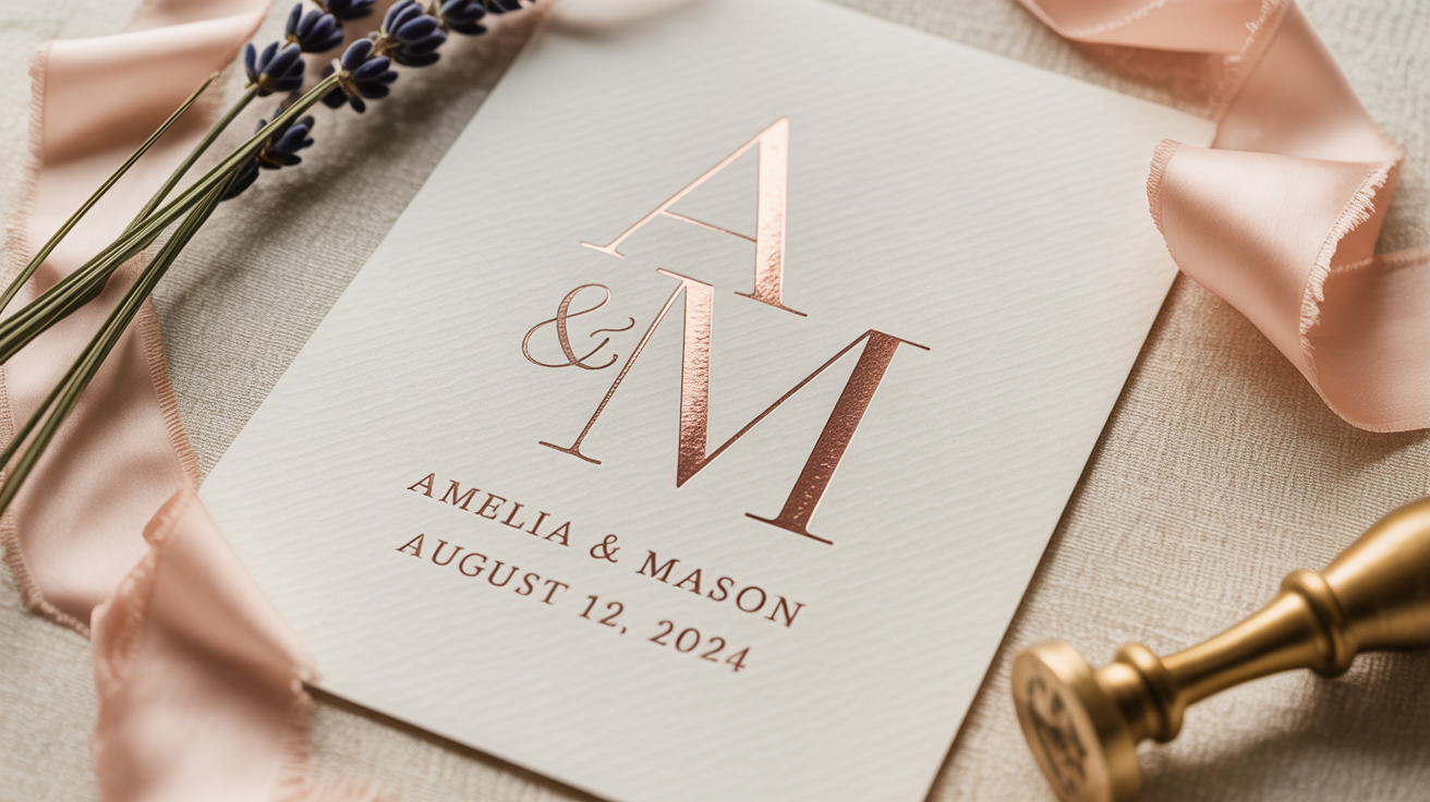 A beautiful wedding invitation with a rose gold foil logo for 'Amelia & Mason', arranged in an elegant flat lay with a silk ribbon and lavender.
