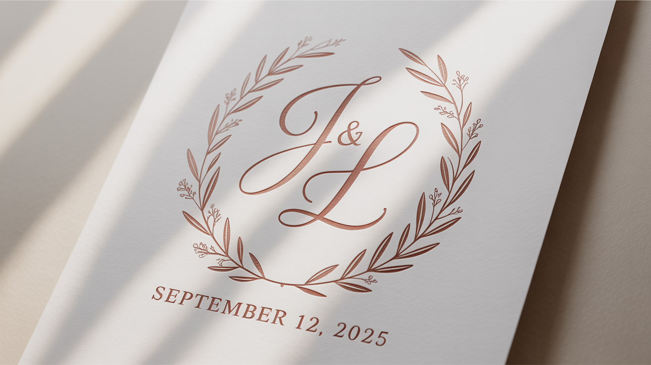 A modern and elegant wedding logo mockup featuring the initials 'J & L' in rose gold, framed by an olive branch wreath, with the wedding date 'September 12, 2025' below, all on a clean white background.