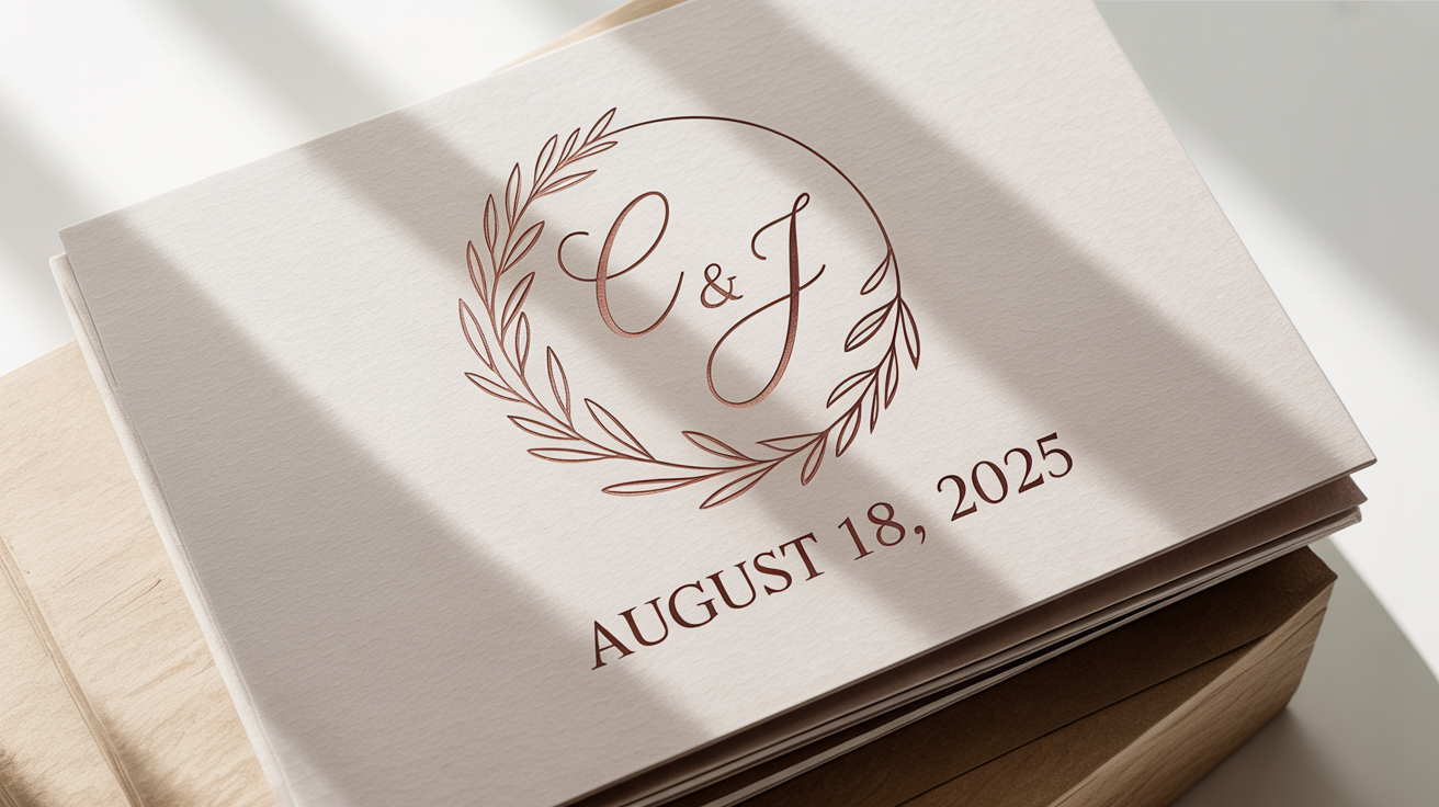 An elegant wedding logo mockup featuring the monogram 'C & J' and the date 'August 18, 2025' in rose gold foil on textured off-white paper, set against a plain white background.