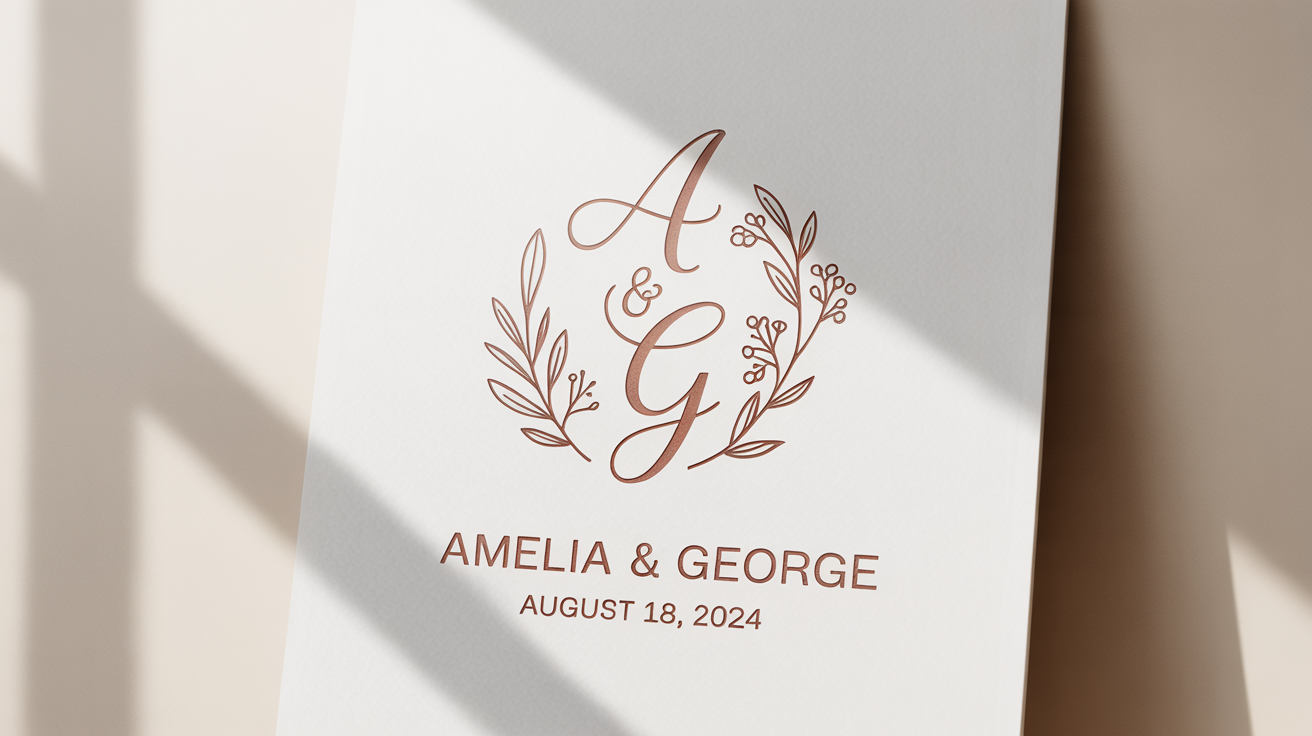 An elegant wedding logo mockup in rose gold foil on a white background. It features the intertwined monogram 'A & G' framed by delicate botanicals, with the names 'Amelia & George' and a wedding date printed below.