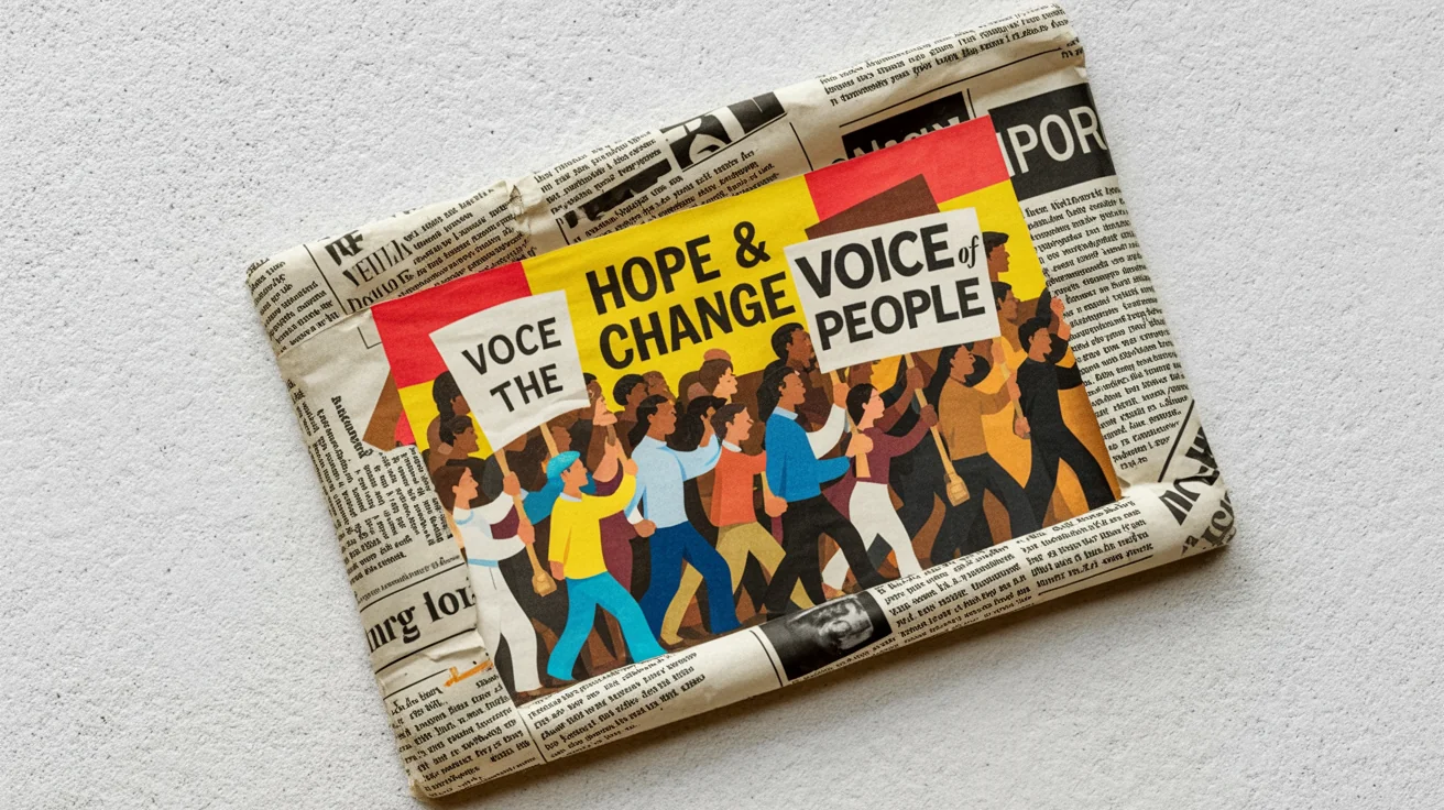 A finished digital newspaper collage depicting a social activism theme. The artwork features layered, torn newspaper pieces with bold headlines, and a central, colorful image of a protest scene, all professionally composed.