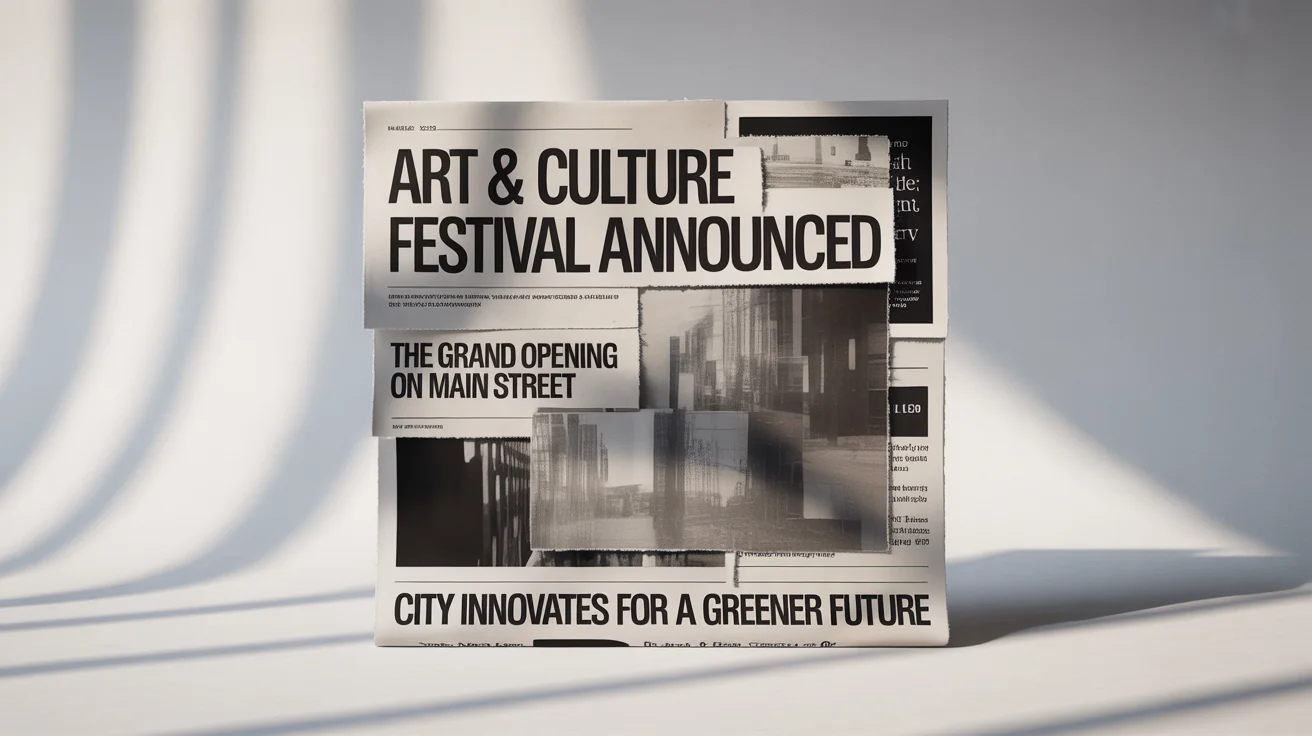 An artistic collage made from pieces of torn newspaper arranged on a white background, featuring headlines and black-and-white photos.