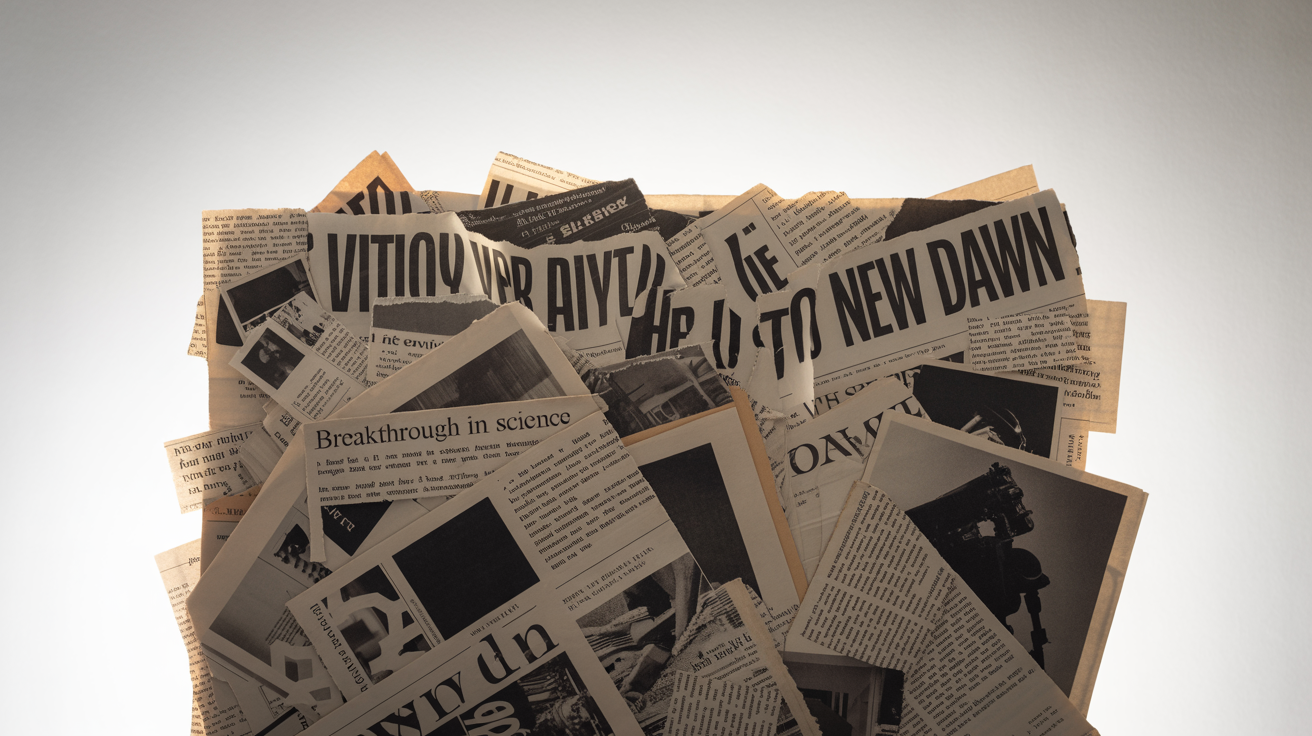 A dynamic newspaper collage featuring various headlines and articles with torn edges, arranged artfully on a clean white background, creating a vintage journalistic feel.