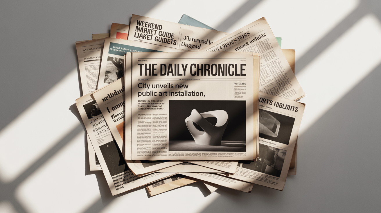 An artistic collage of newspaper clippings on a white background, featuring headlines like 'THE DAILY CHRONICLE' and a black and white photo of a sculpture.