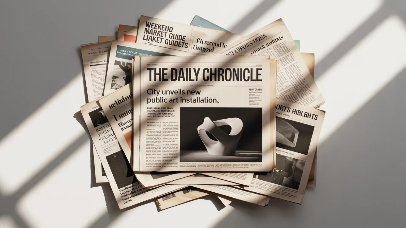 An artistic collage of newspaper clippings on a white background, featuring headlines like 'THE DAILY CHRONICLE' and a black and white photo of a sculpture.