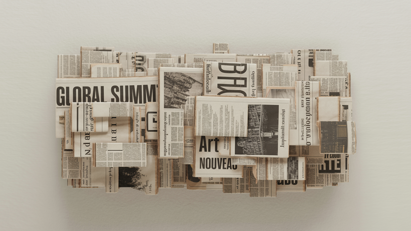 A detailed, top-down photograph of an artistic collage made from overlapping, torn pieces of black-and-white newspapers, set against a plain white background.