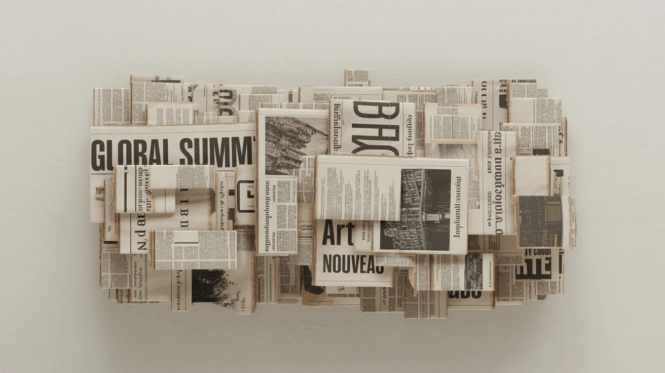 A detailed, top-down photograph of an artistic collage made from overlapping, torn pieces of black-and-white newspapers, set against a plain white background.
