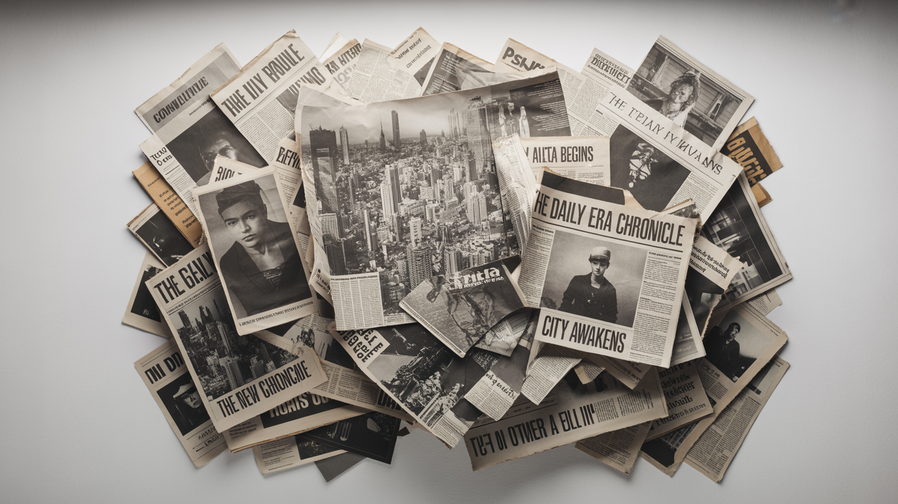 An artistic flat-lay of a newspaper collage, featuring torn pieces with headlines and photos scattered on a clean white background.