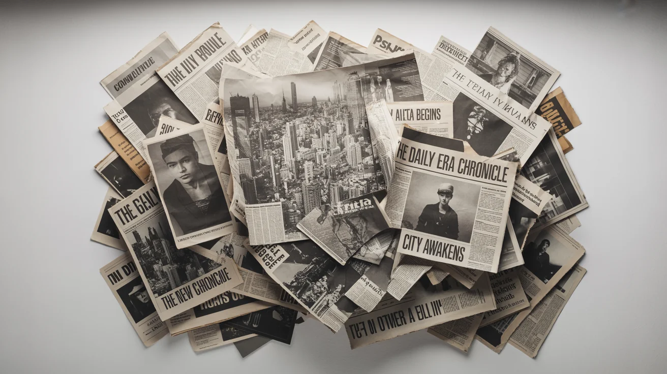 An artistic flat-lay of a newspaper collage, featuring torn pieces with headlines and photos scattered on a clean white background.