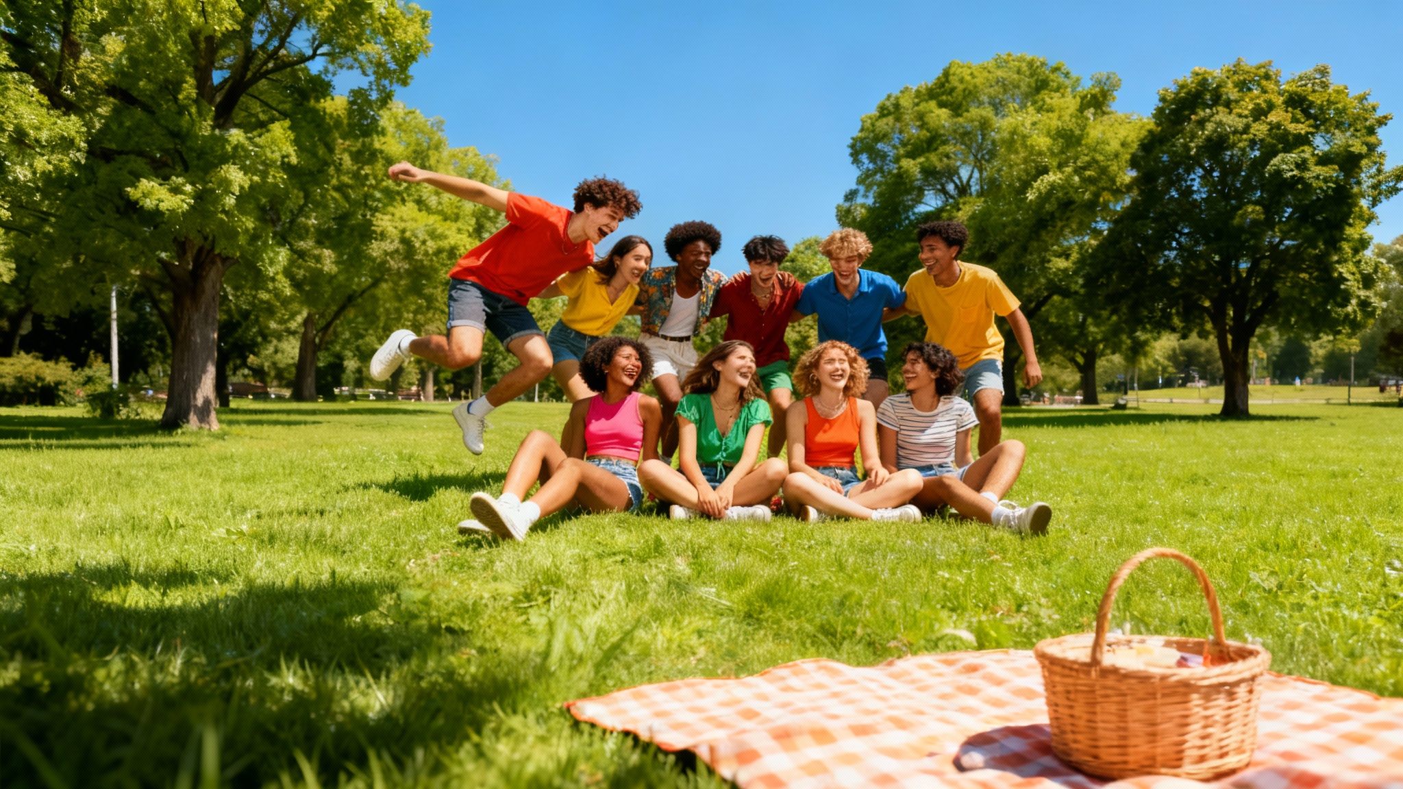 A wide, 16:9 photograph showing an AI-extended image. The center features a vertical photo of a diverse group of friends in a park, and the scene is seamlessly expanded on the sides with more park scenery, creating a single horizontal image.
