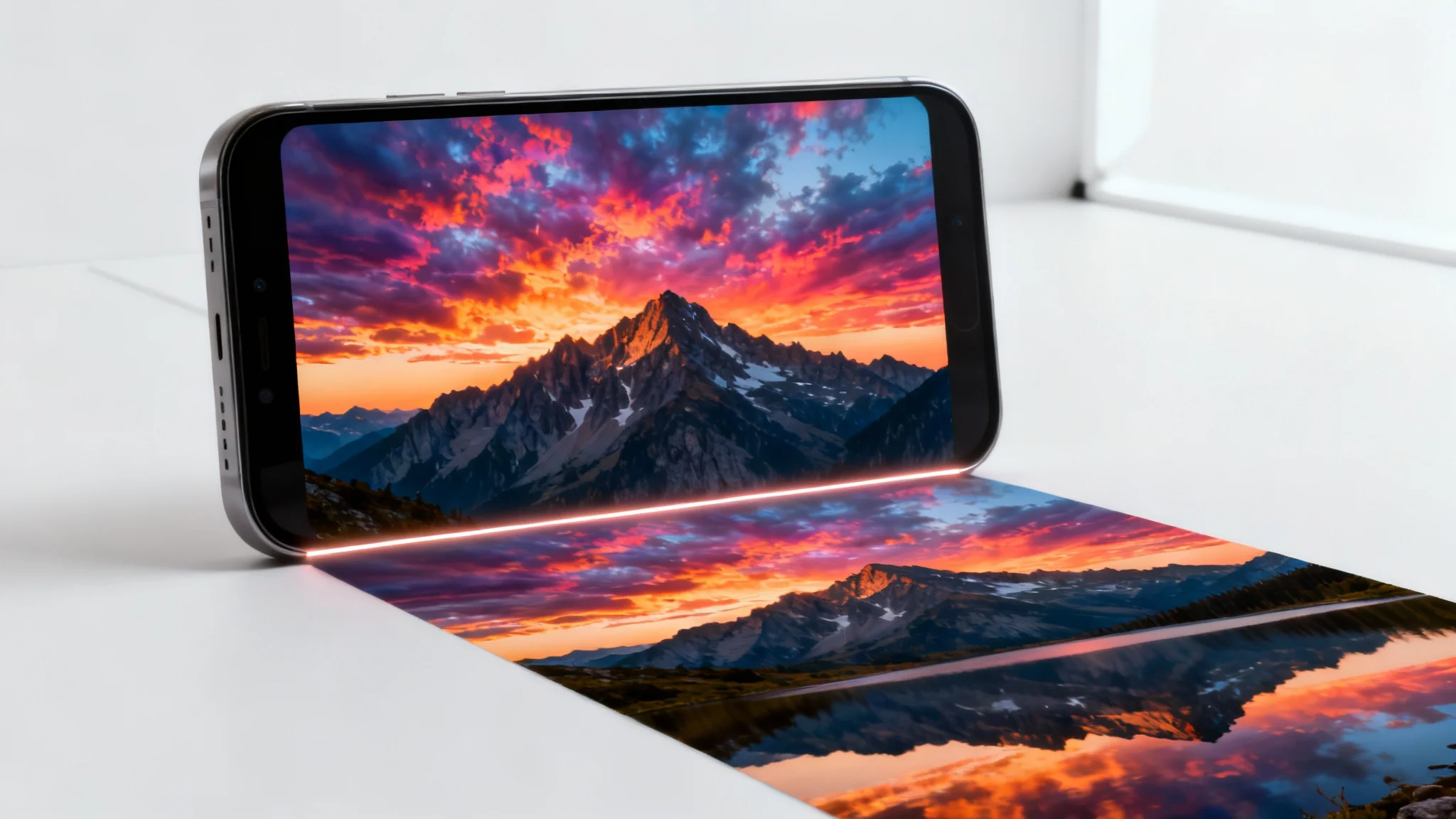 A horizontal landscape photo of mountains at sunset being transformed into a vertical 9:16 image, showing how AI extends the sky and foreground. The image is on a clean white background.