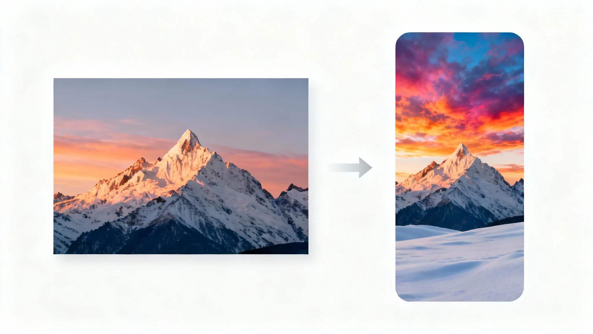 A conceptual mockup illustrating the conversion of a landscape photo of a mountain into a vertical 9:16 portrait format, with an arrow indicating the change in aspect ratio.