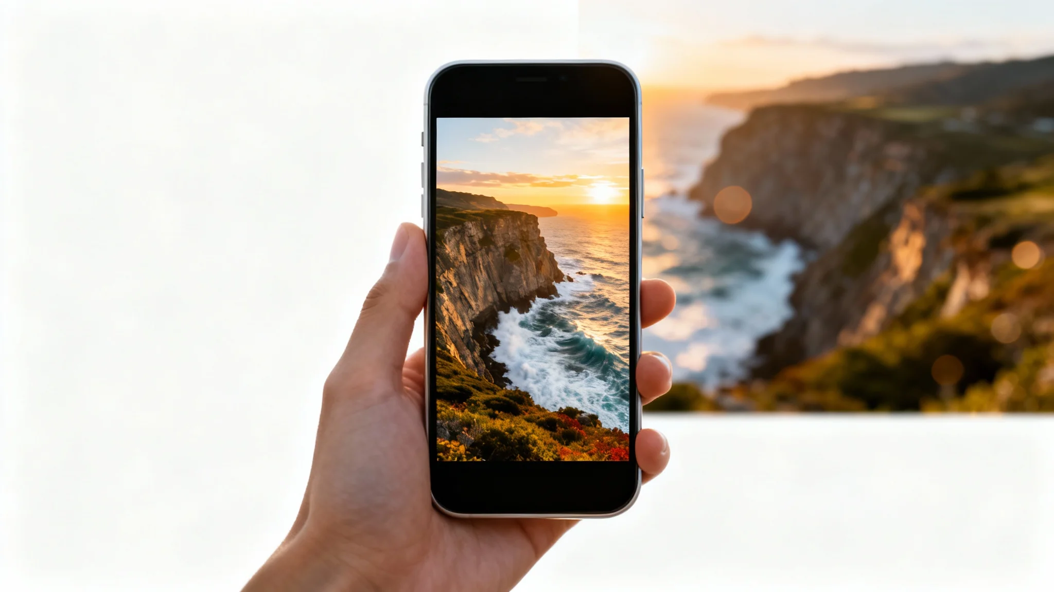 A hand holding a smartphone that displays a vertical 9:16 image of a coastline, with the wider landscape version of the image blurred in the background, illustrating image format conversion.