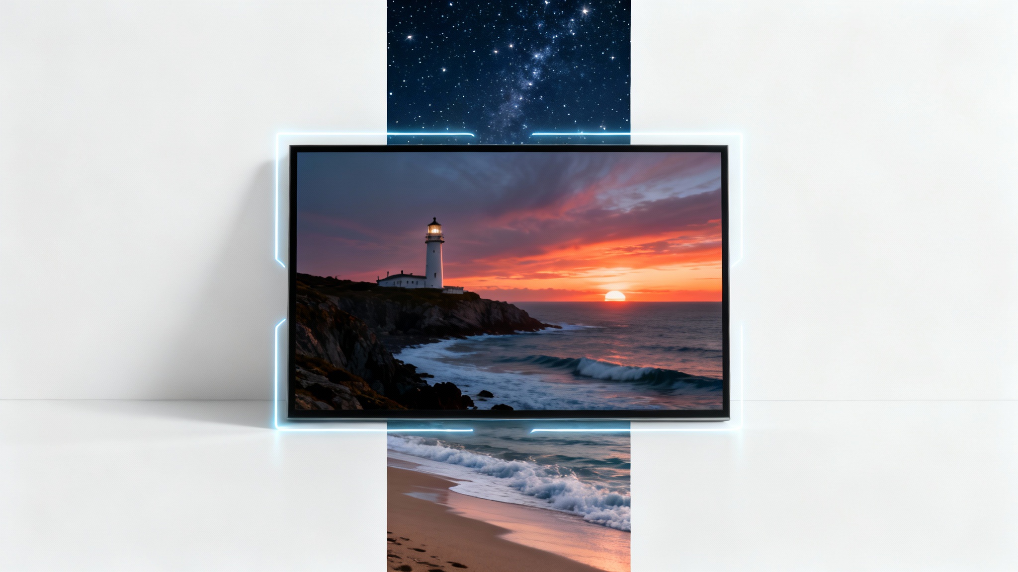 A conceptual image showing a landscape photo being converted to a 9:16 aspect ratio. A central image of a coastline at sunset is vertically extended to show a starry sky above and a sandy shore below, filling a tall, phone-screen-shaped frame.