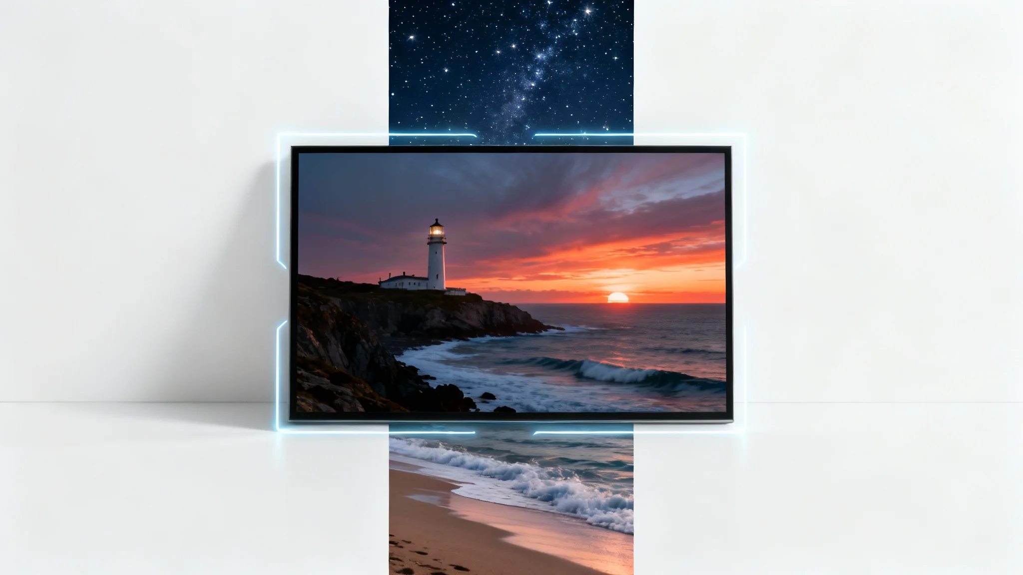 A conceptual image showing a landscape photo being converted to a 9:16 aspect ratio. A central image of a coastline at sunset is vertically extended to show a starry sky above and a sandy shore below, filling a tall, phone-screen-shaped frame.