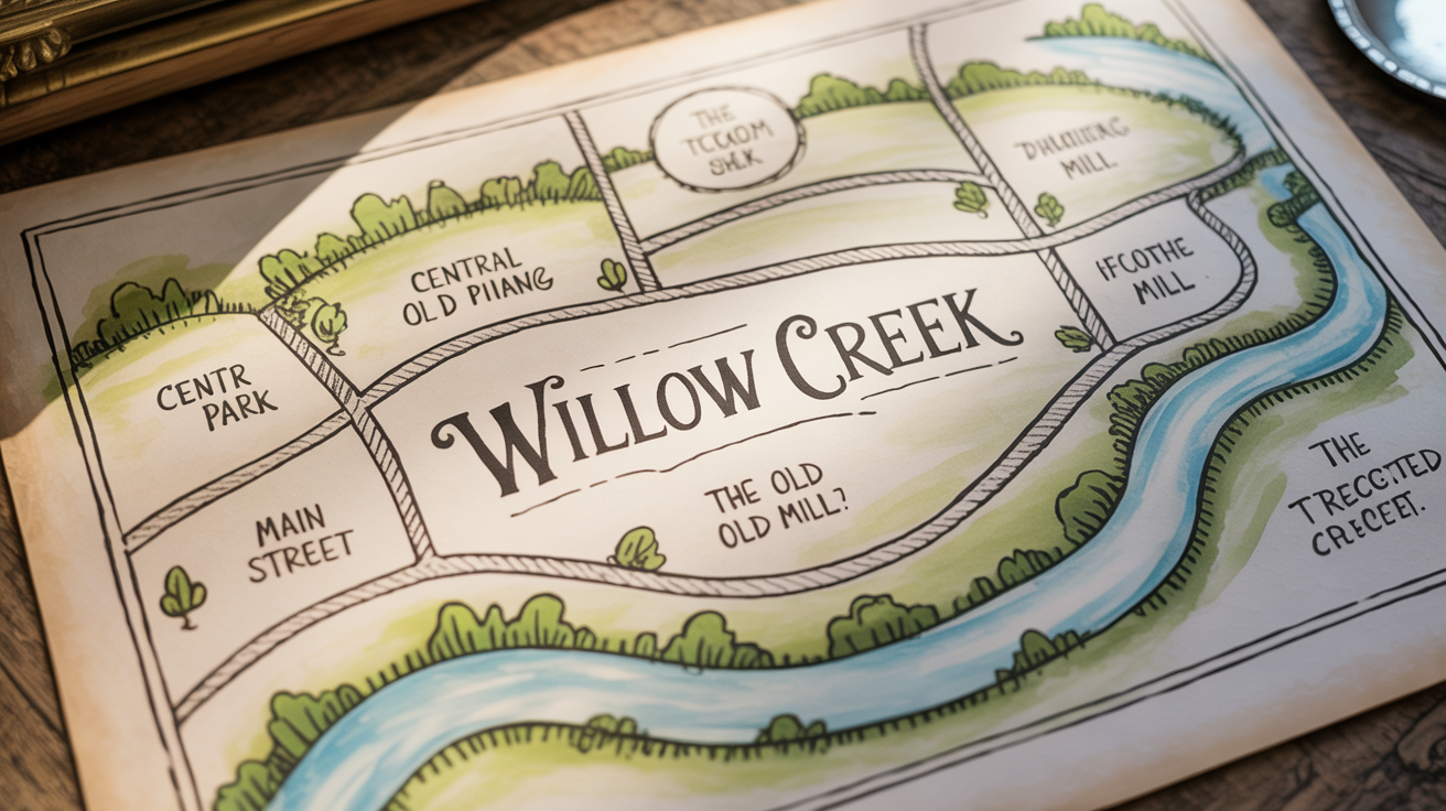 A professionally designed, artistic sketch map of a fictional town, displayed on a textured paper background. It features hand-drawn roads, charming doodle icons for landmarks, and beautiful hand-lettered labels for places like 'Central Park' and 'Main Street'.
