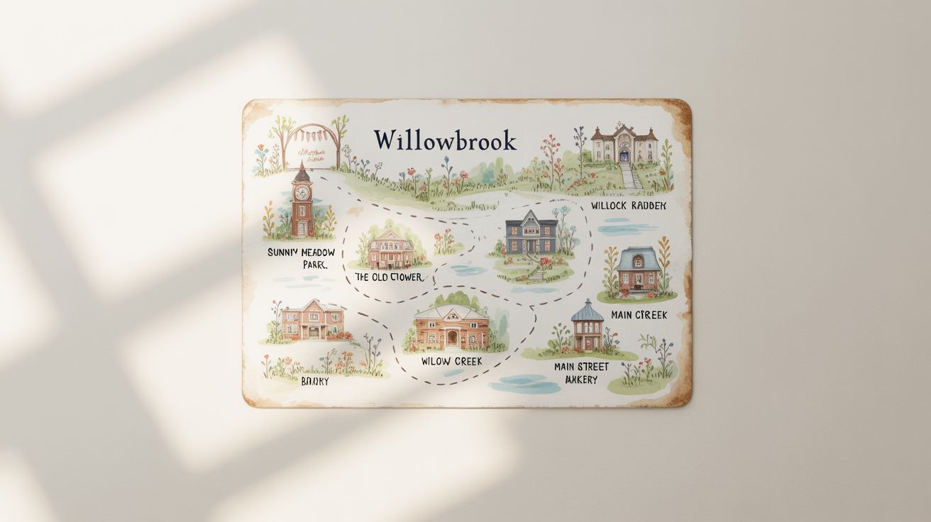 A hand-drawn sketch map of a quaint, fictional town laid flat on a white background, illustrated with soft watercolors and featuring landmarks like a park, clock tower, and bakery.