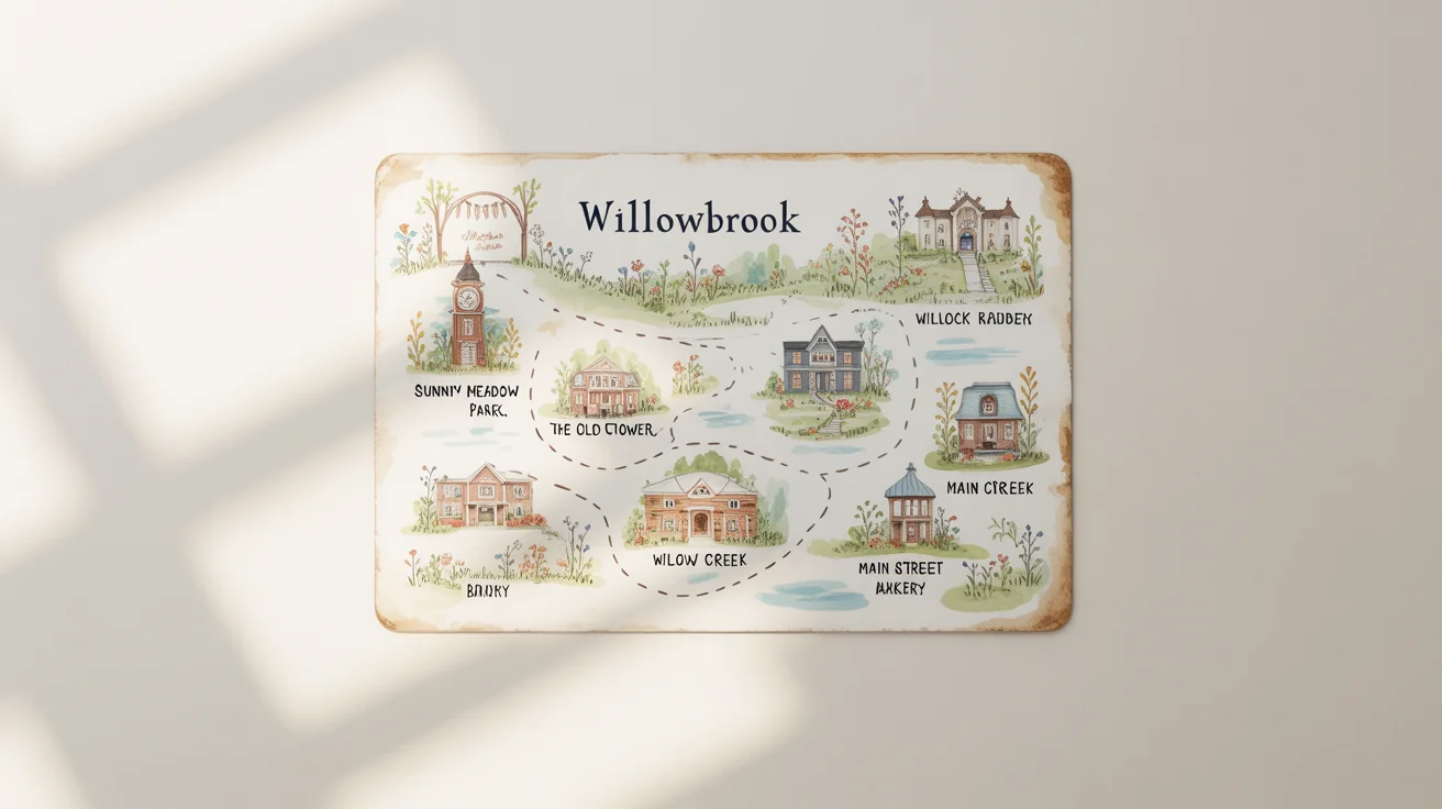 A hand-drawn sketch map of a quaint, fictional town laid flat on a white background, illustrated with soft watercolors and featuring landmarks like a park, clock tower, and bakery.