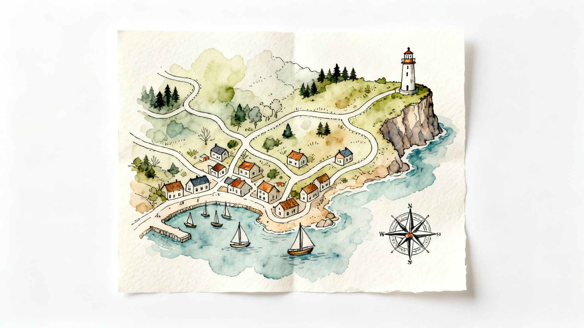 A charming, hand-drawn watercolor sketch map of a coastal town, featuring a lighthouse, harbor, and winding streets, presented on a white background.