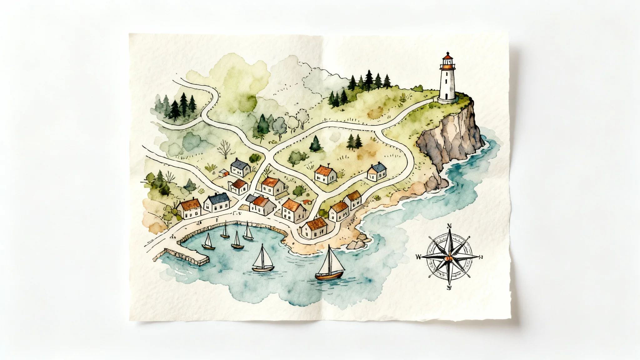 A charming, hand-drawn watercolor sketch map of a coastal town, featuring a lighthouse, harbor, and winding streets, presented on a white background.