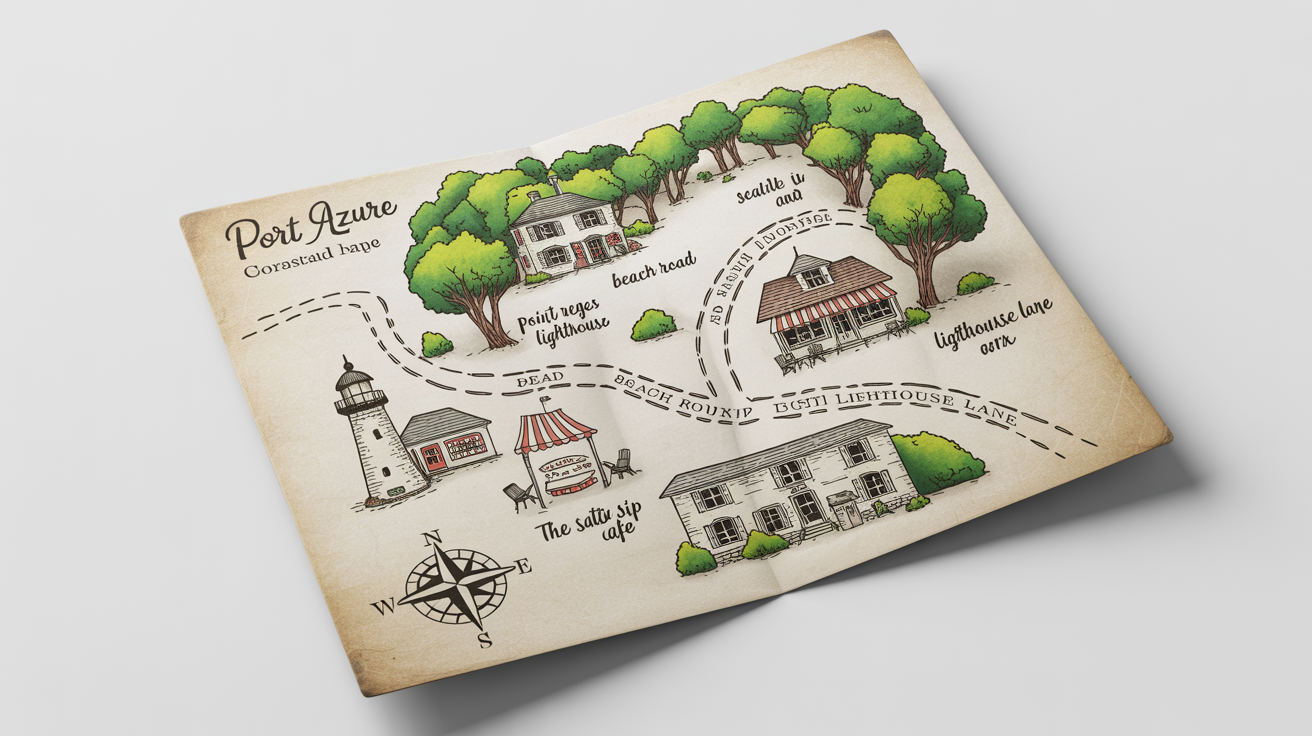 A hand-drawn sketch map of a fictional coastal village on a white background, featuring a lighthouse, a cafe, and a park with clear, hand-lettered labels.