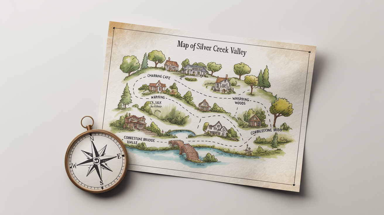 A whimsical, hand-drawn sketch map of a fictional valley, illustrated in a charming watercolor and ink style, shown on a clean white background.