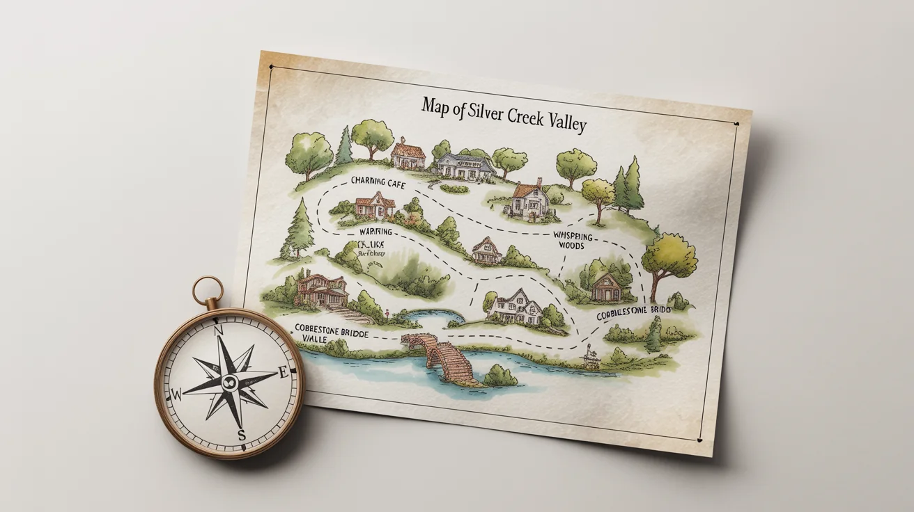 A whimsical, hand-drawn sketch map of a fictional valley, illustrated in a charming watercolor and ink style, shown on a clean white background.
