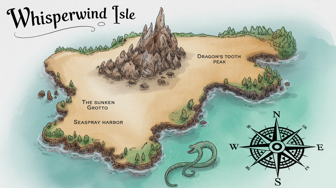 A hand-drawn, vintage-style sketch map of a fictional island called 'Whisperwind Isle' on a white background, featuring illustrated landmarks like mountains and forests.
