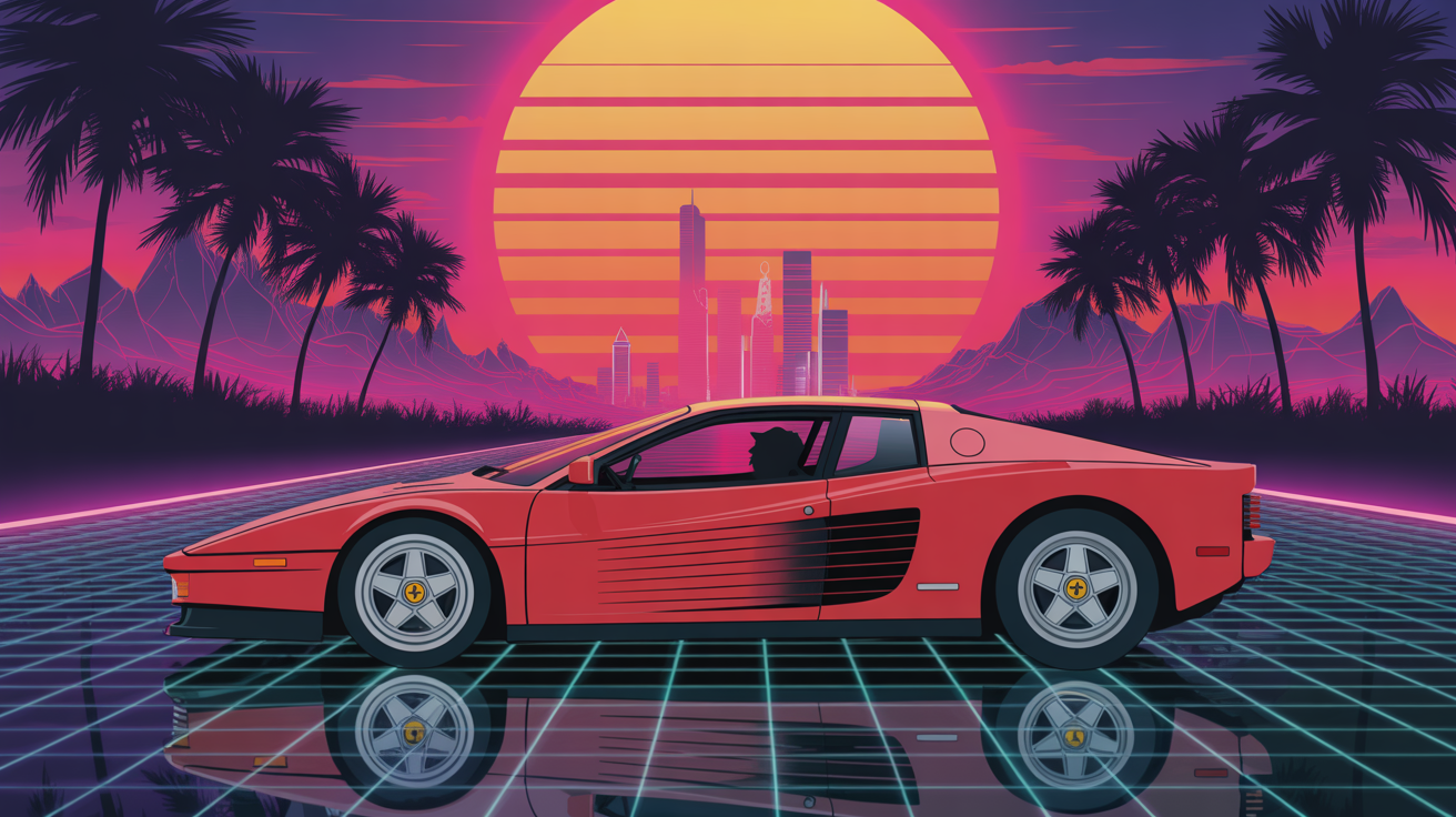 A vibrant retro-style digital illustration of a classic red sports car driving towards a neon sunset, in a synthwave art style.