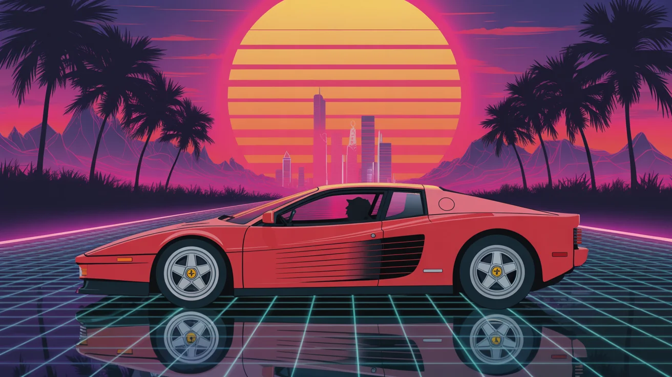 A vibrant retro-style digital illustration of a classic red sports car driving towards a neon sunset, in a synthwave art style.