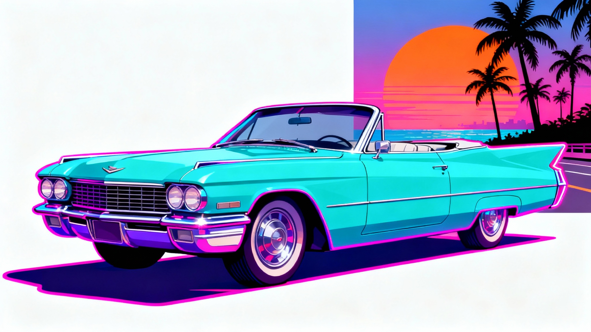 A retro synthwave-style art piece of a classic turquoise convertible from the 1960s, set against a neon sunset, displayed as a mockup on a clean white background.