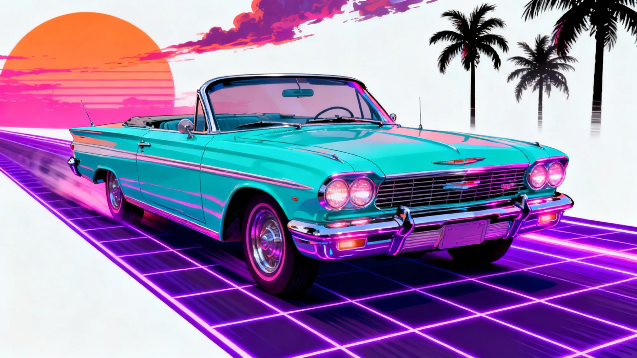 A synthwave-style digital illustration of a retro turquoise convertible driving towards a neon sunset, presented on a white background.