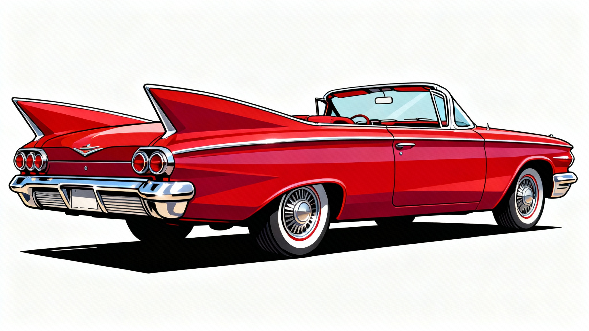 A retro-style illustration of a classic cherry-red convertible car from the 1950s, shown from a low angle on a plain white background.