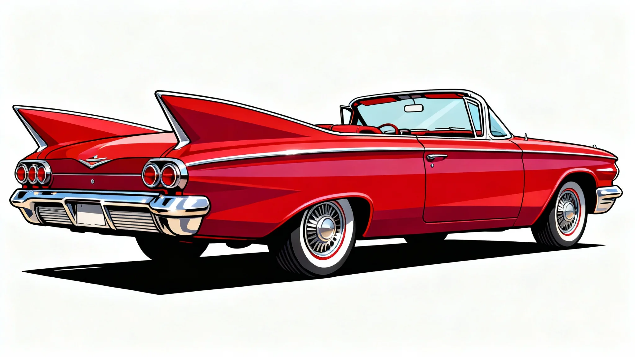 A retro-style illustration of a classic cherry-red convertible car from the 1950s, shown from a low angle on a plain white background.