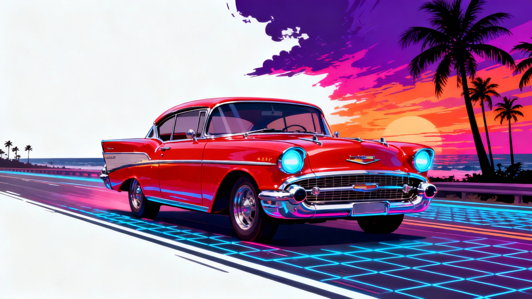 A vibrant digital art piece of a red retro 1957 Chevrolet Bel Air in a synthwave style, driving along a coastal road at sunset with palm trees, isolated on a white background.