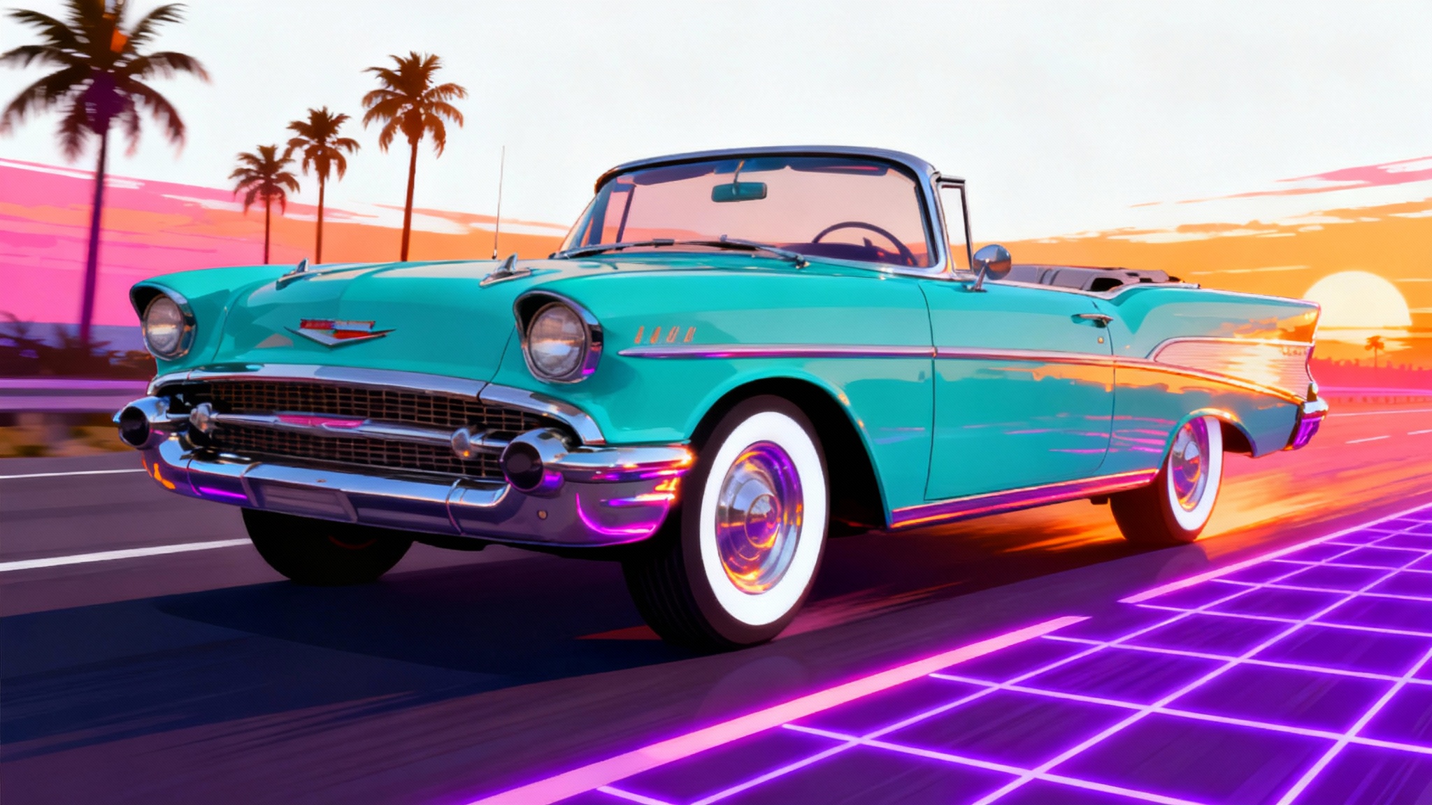 A vibrant, retro-style digital illustration of a turquoise 1950s convertible car driving along a coast at sunset, isolated on a white background.