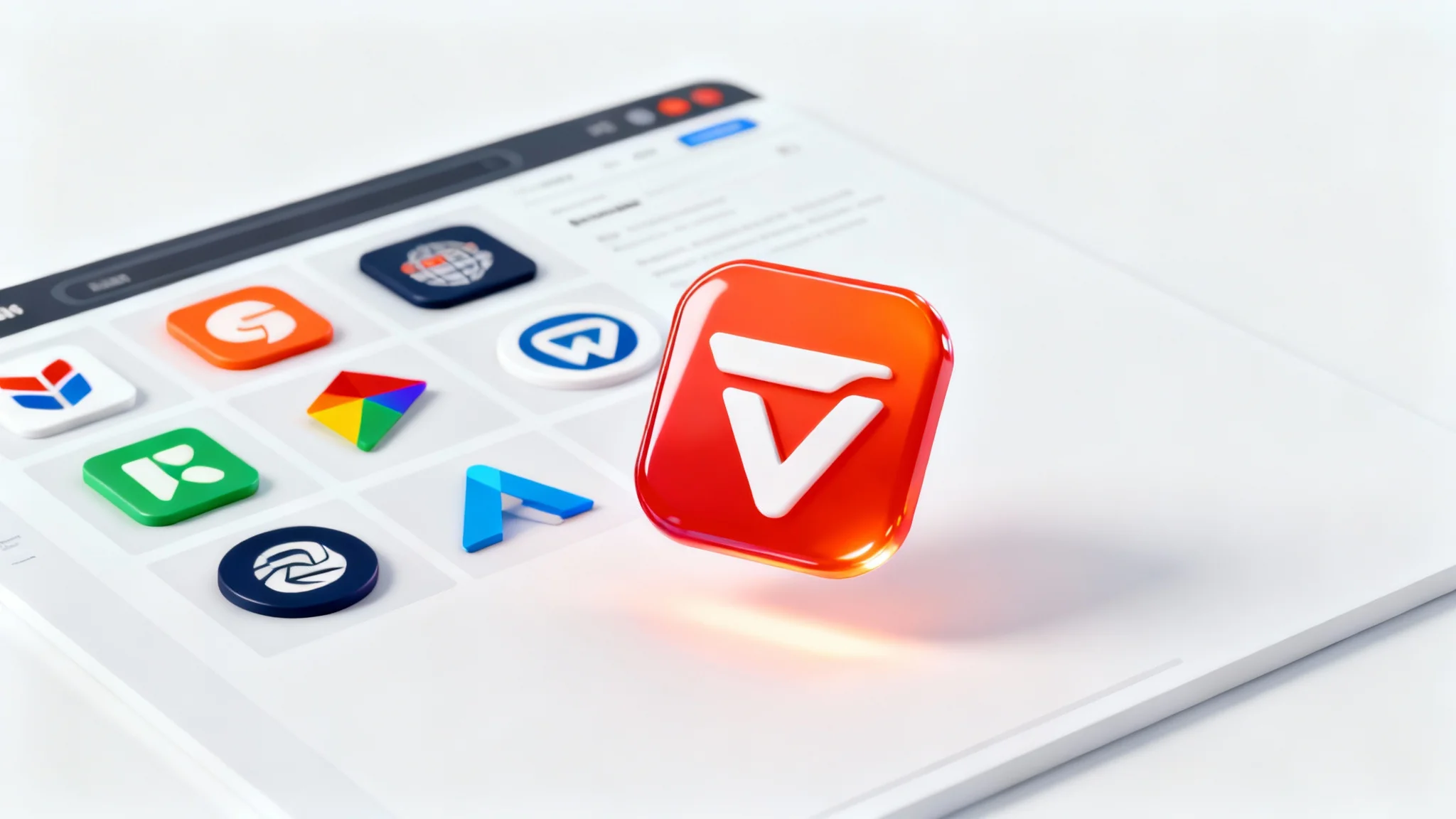 A 3D conceptual illustration of a website logo extractor, showing a colorful logo being lifted from a stylized webpage against a clean white background.