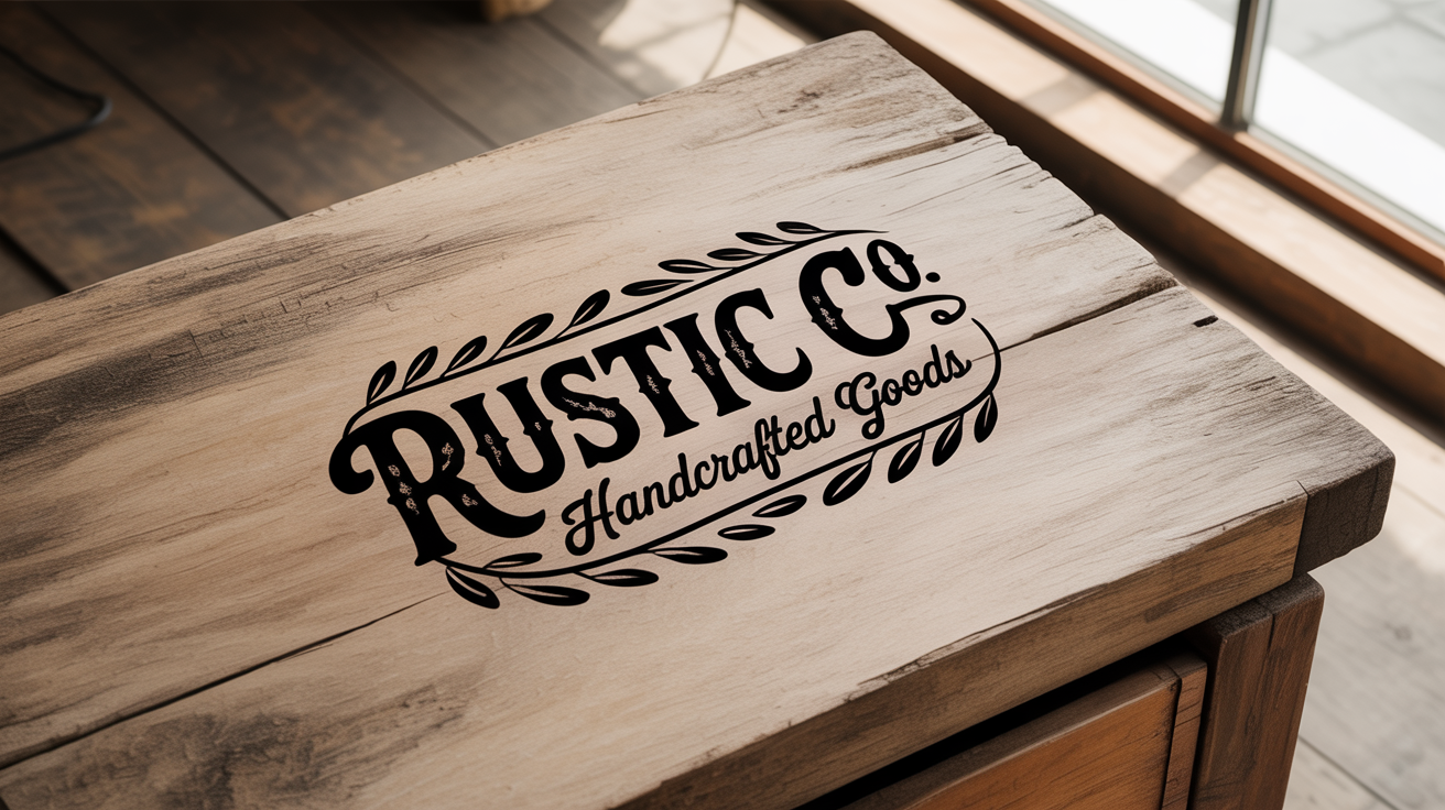 A high-quality hero image displaying a finished rustic logo for 'RUSTIC CO.' with the tagline 'Handcrafted Goods', presented beautifully on a textured wood background.