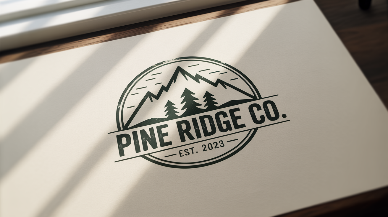 A circular rustic logo for 'PINE RIDGE CO.' featuring a mountain and pine tree illustration, displayed on a clean white background.