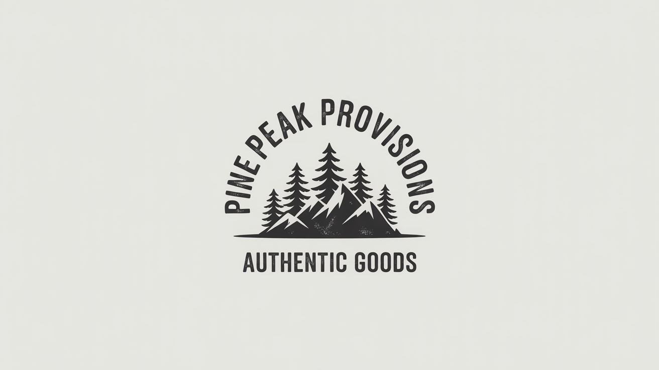 A rustic, circular logo for 'Pine Peak Provisions' featuring a silhouette of mountains and pine trees, presented on a clean white background.