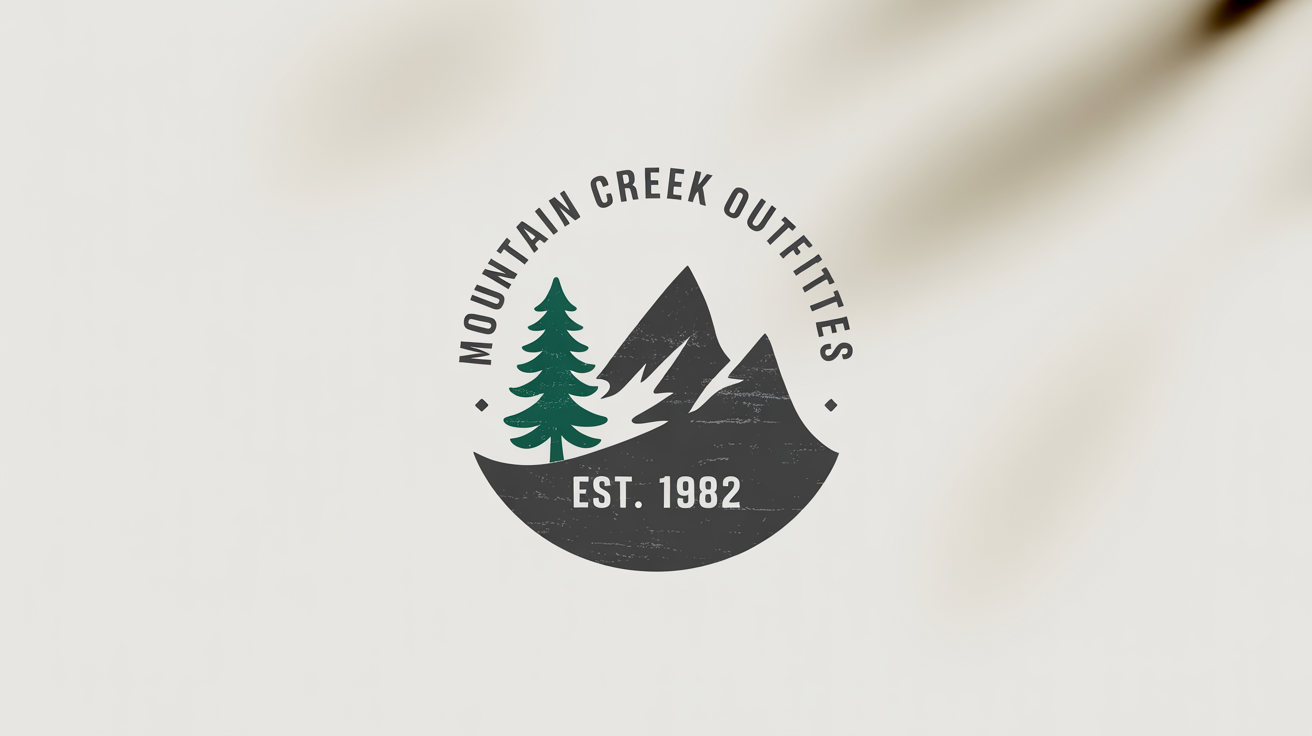 A rustic logo mockup for 'Mountain Creek Outfitters', featuring a circular design with a mountain and pine tree, presented on a clean white background.