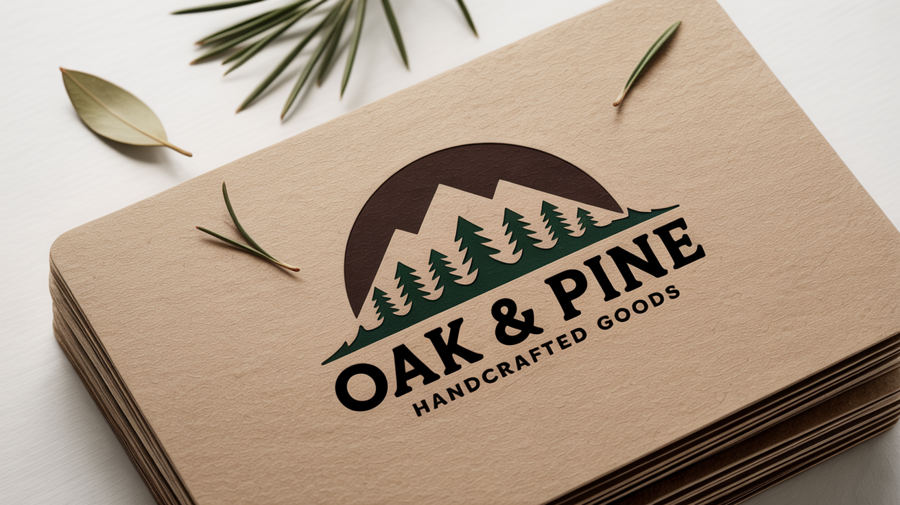 A rustic logo for 'Oak & Pine Handcrafted Goods' featuring mountains, mocked up on a textured business card against a clean white background.