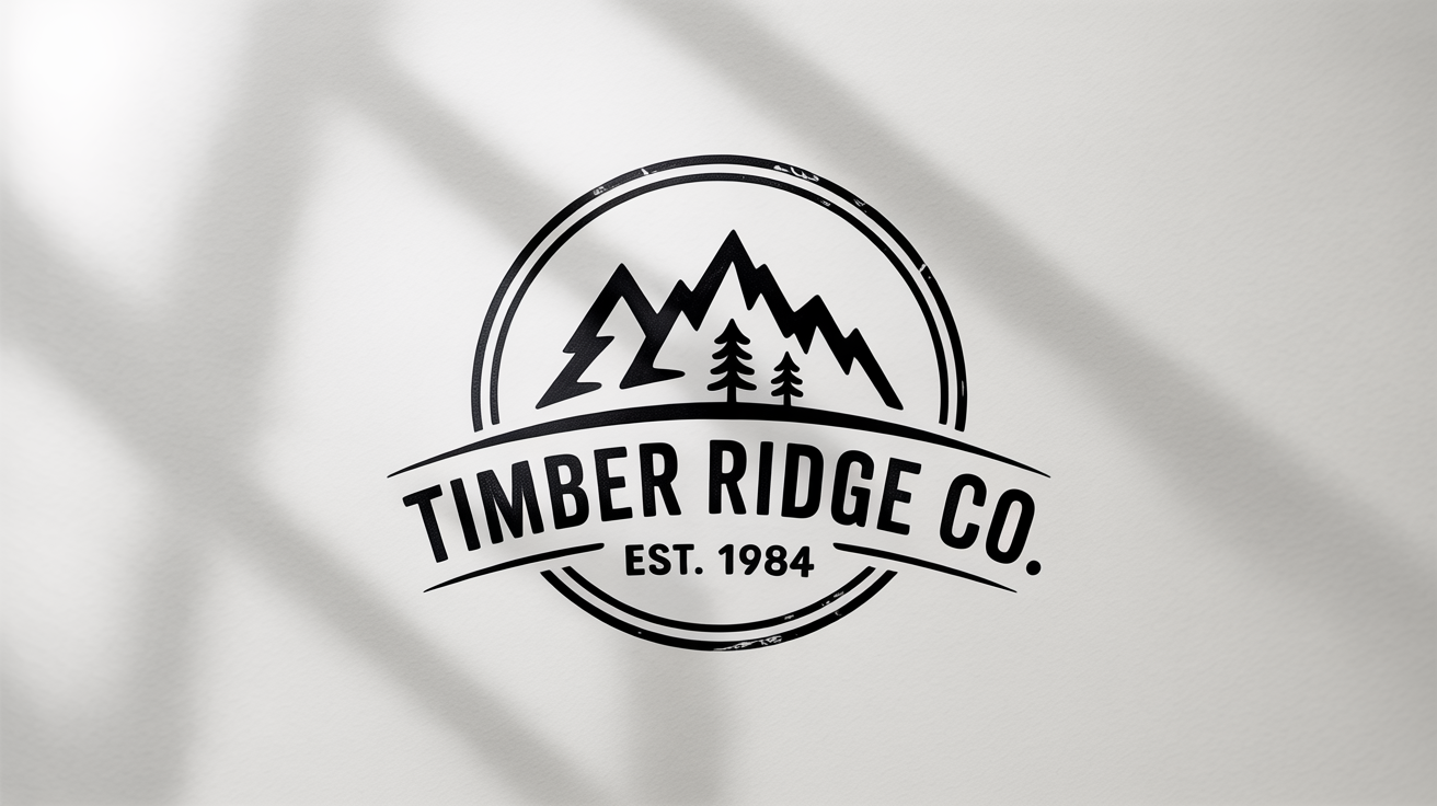 A rustic, circular monochrome logo for 'Timber Ridge Co. Est. 1984', featuring a mountain and pine tree design on a white background.