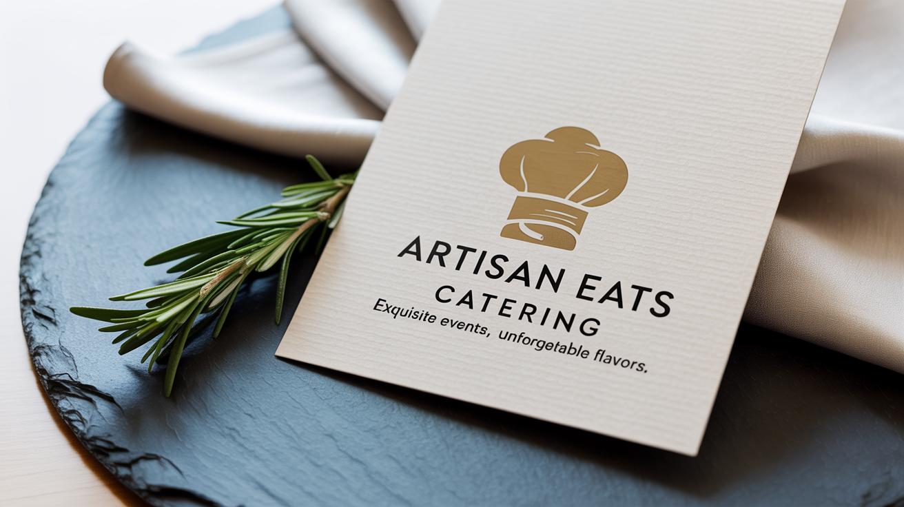 A professionally designed logo for 'Artisan Eats Catering' mocked up on a menu, placed on a dark, elegant surface with culinary styling, showcasing a catering logo design template.
