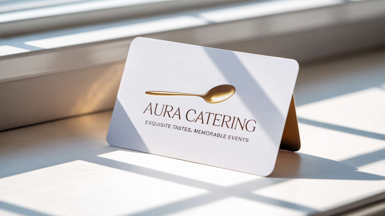 A professional logo mockup for a catering company named 'Aura Catering', presented on a white business card with elegant gold foil details against a clean white background.
