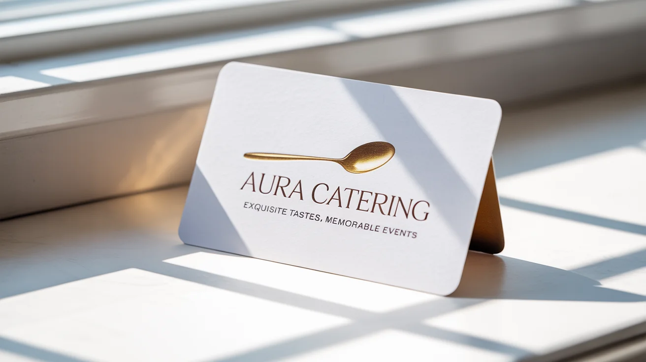 A professional logo mockup for a catering company named 'Aura Catering', presented on a white business card with elegant gold foil details against a clean white background.
