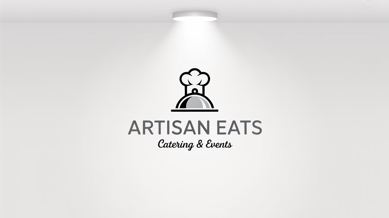 A modern and elegant catering logo mockup on a white background. The logo features a silver icon of a chef's hat and cloche, with the text 'Artisan Eats' and 'Catering & Events' below it.