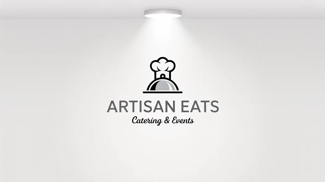 A modern and elegant catering logo mockup on a white background. The logo features a silver icon of a chef's hat and cloche, with the text 'Artisan Eats' and 'Catering & Events' below it.