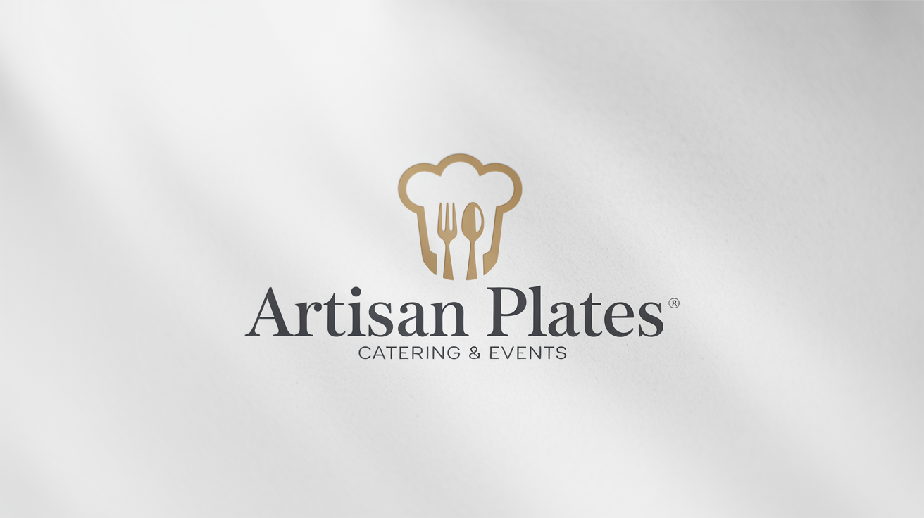 An elegant catering logo mockup for a company named 'Artisan Plates Catering & Events', featuring a golden icon of a chef's hat with a fork and spoon, presented on a clean white background.
