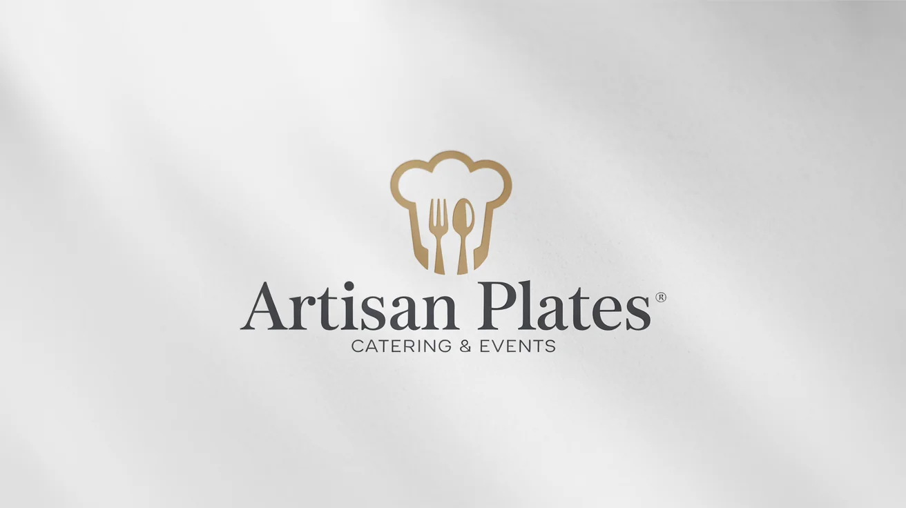 An elegant catering logo mockup for a company named 'Artisan Plates Catering & Events', featuring a golden icon of a chef's hat with a fork and spoon, presented on a clean white background.